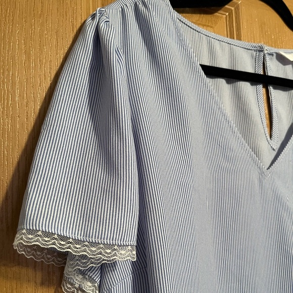 LC Lauren Conrad Blue and White Striped Shirt with Lace Detail - Picture 4 of 10